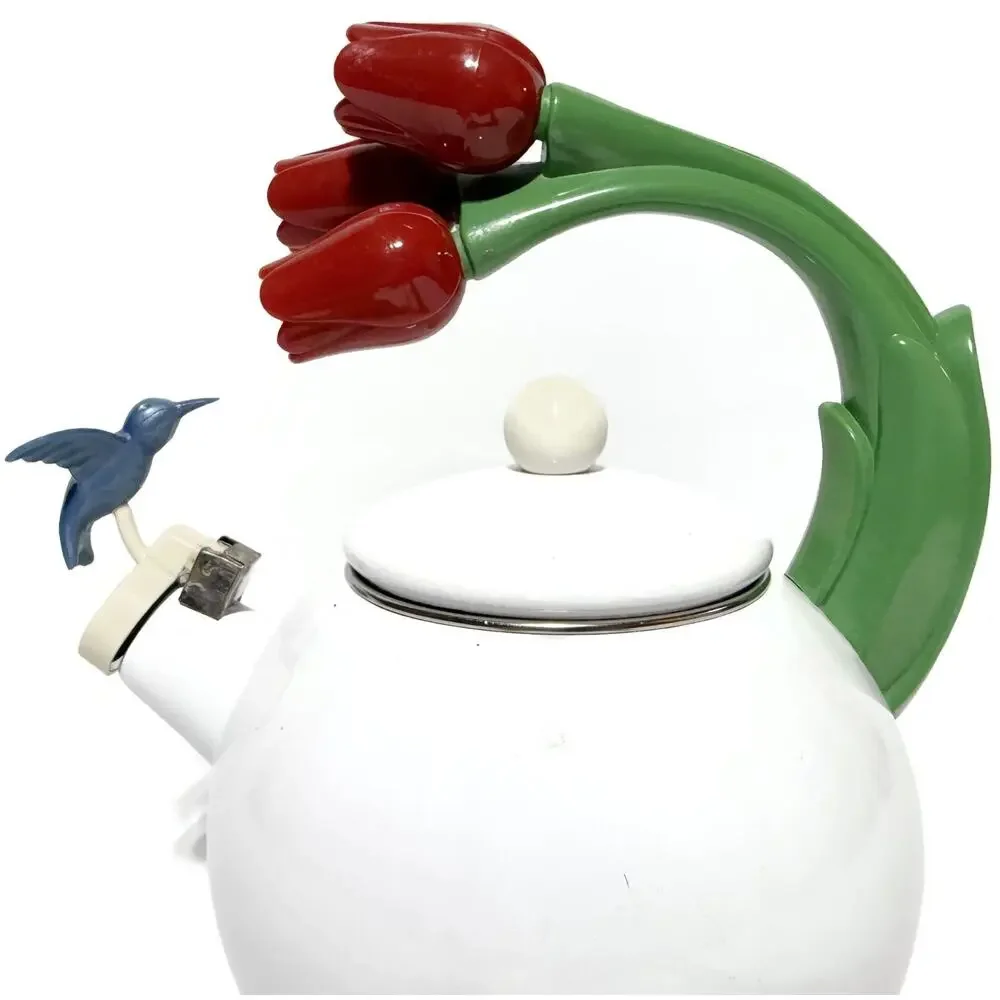Ancona White Enamel Whistling Tea Kettle Hummingbird Red Tulips Vintage 1990s